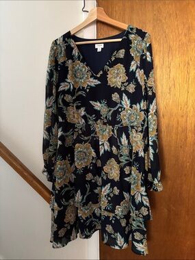 J. Crew navy Floral V-Neck Long Sleeve Dress with Yellow and Teal Flowers